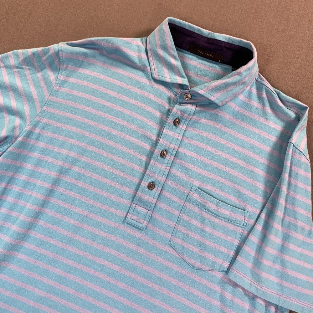 Greyson‎ Polo Shirt Mens Large Blue Purple Stripe Pima Modal Golf Stretch Pocket